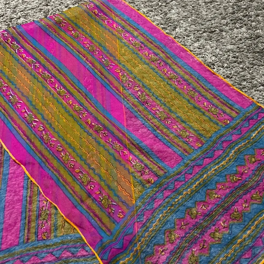 Vintage Vera Scarf Verasheer Made in Japan Silk Floral Striped Handrolled 44x14